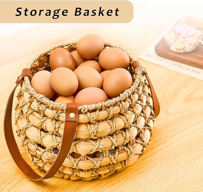 Farmhouse Oval Egg Baskets for Collecting Fresh Eggs,Small Wicker Basket with Handle,Garden Harvest Basket for Gathering Vegetables,Fruit Basket Bin for Kitchen,Garden,Picnic (Round-M)