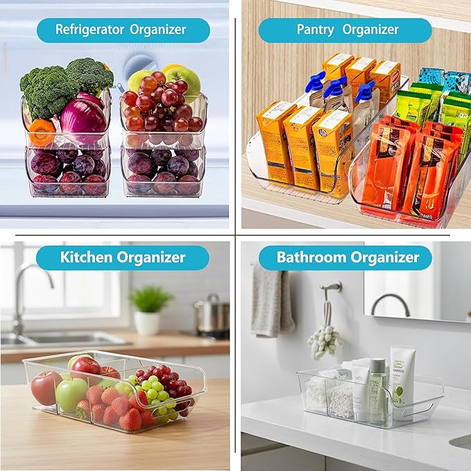 Pantry Organizers and Storage,Clear Plastic Containers with 2 Dividers for Kitchen,Fridge,freezer Organization and Storage,Acrylic Bins for Pounches,Spice Packet,Snack organzier (2 Pack)