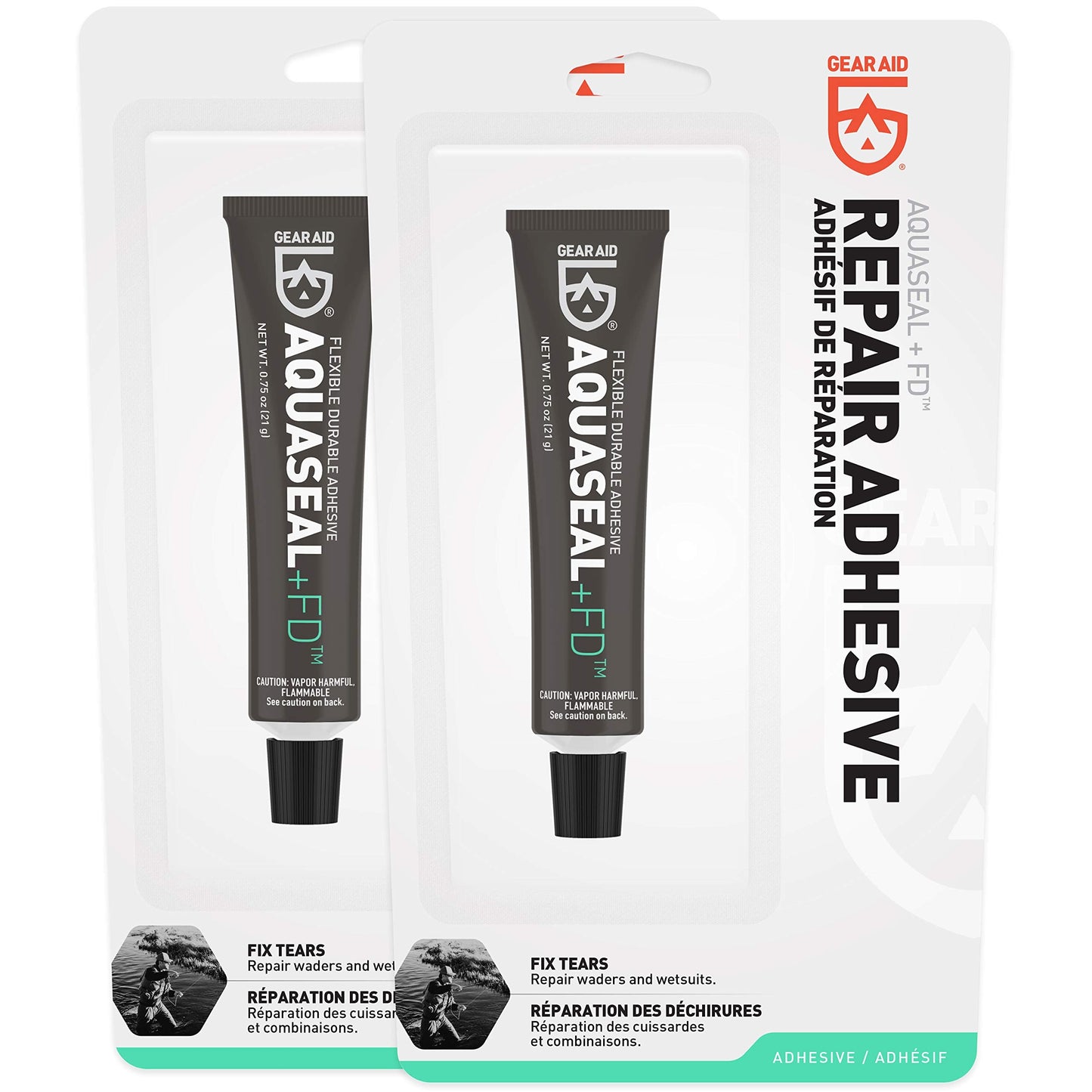GEAR AID Aquaseal FD Flexible Durable Repair Adhesive for Fixing Tears and Holes in Waders, Wetsuits, PVC Inflatables, Vinyl and Outdoor Gear, Dries Clear, 0.75 oz, 2 Pack