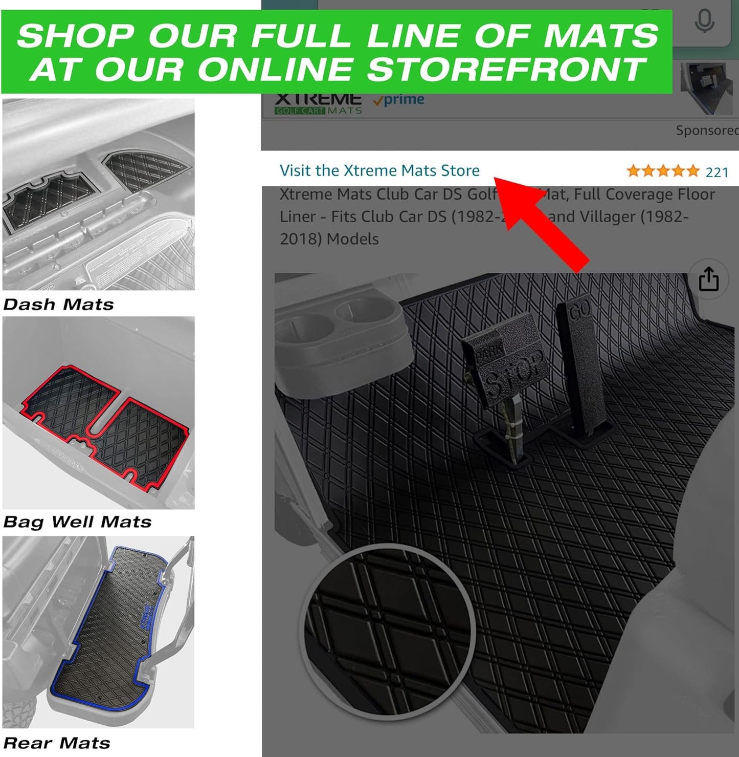 Xtreme MATS Evolution D5 Golf Cart Floor Mat Set- Rubber Double Diamond Design - Fits DMAX, GT 4 & 6, D5 4F (4 Forward Facing) Including Evolution Maverick and Ranger Trims (Flamenco Trim)
