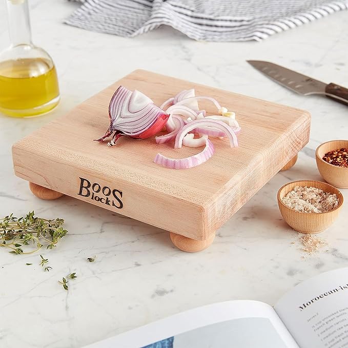 John Boos B Series Square Wooden Maple Cutting Board 9”x9” – 1.5” Thick, 3.7-lb Non-Reversible Butcher Block with Wood Bun Feet & Edge-Grain