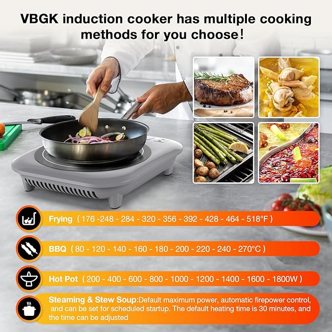 VBGK Induction Cooktop, 1800W Single Burner Induction Burner,Hot Plate with 5 Cooking Modes,Stove Top with 9 Temperature Levels, 4H Timer