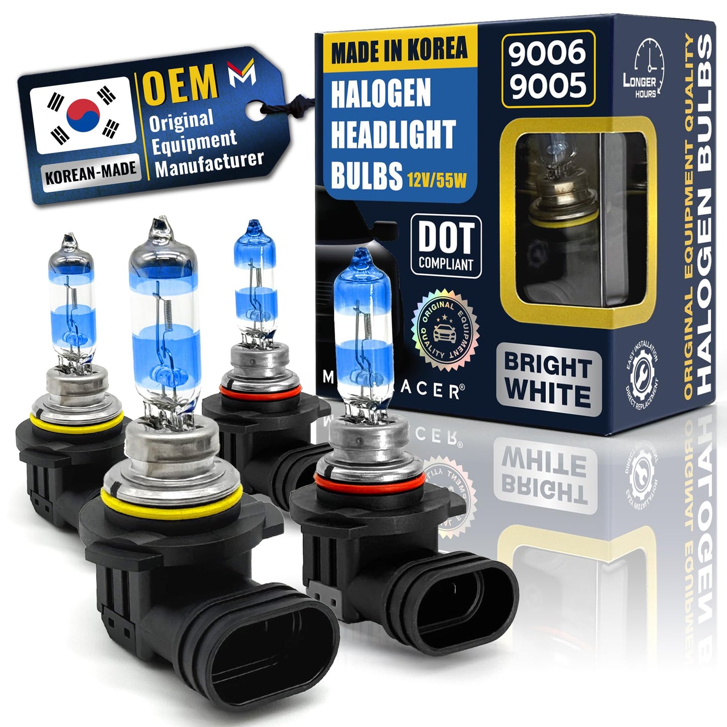 Mega Racer enhanced Halogen Headlight Bulbs Combo - 9006+9005, 12V, 55W/65W, White Light, Plug & Play, Low & High Beam (