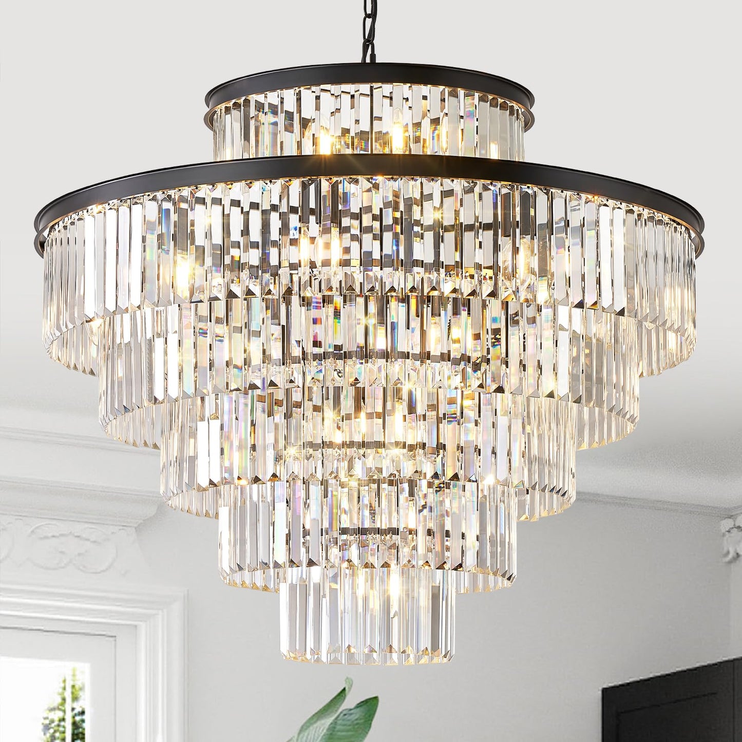 Large Crystal Chandeliers 23 Lights 36 Modern Black stylish Chandelier For Foyer Staircase Chandeliers 6 Tiers Round K9 Ceiling Pendant Lighting Fixture For Living Dining Room