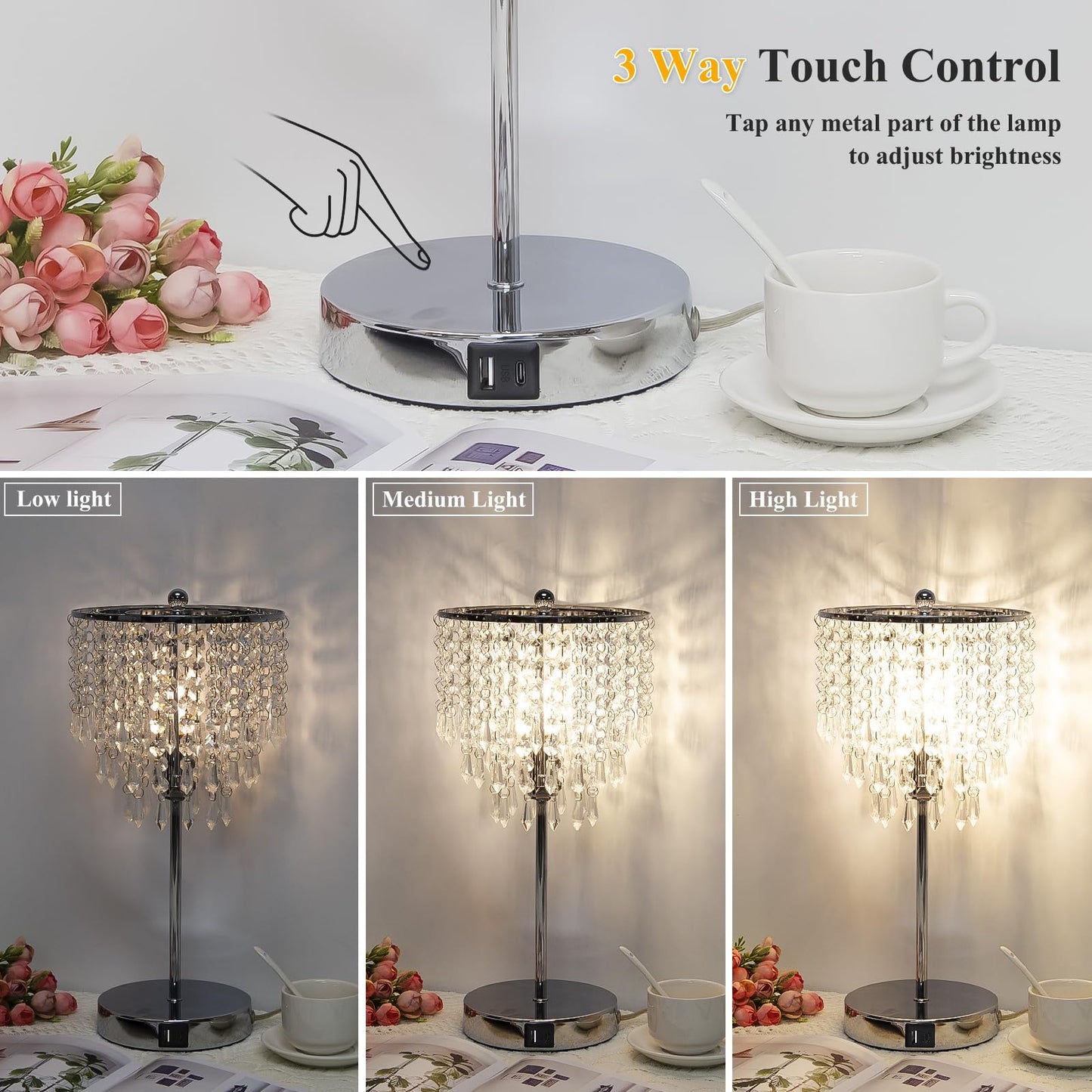 Seaside Village Touch Control Crystal Table Lamp, 3-Way Dimmable, Dual USB Charging Ports, Silver, Model 13047