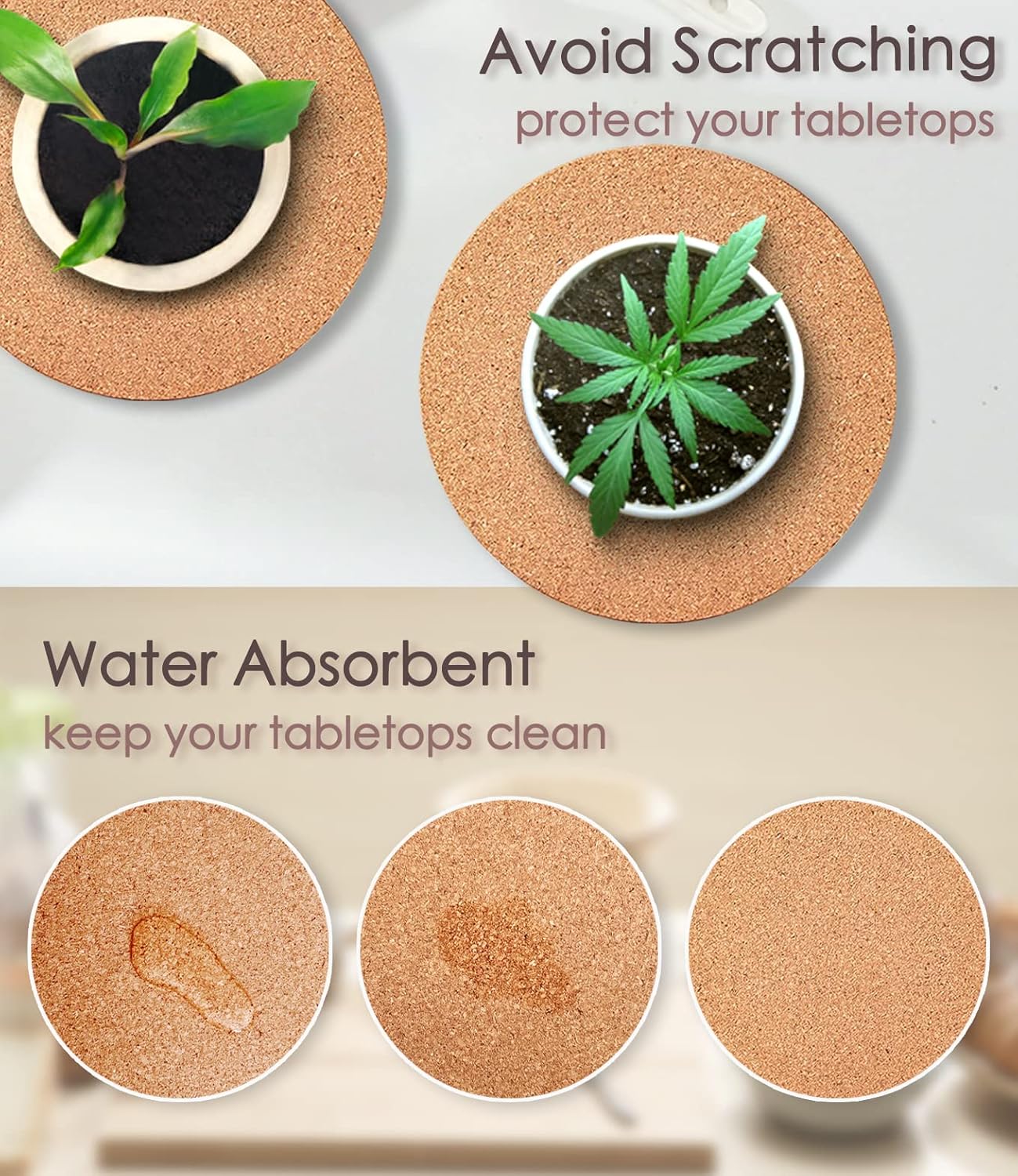 Cork Plant Coasters, Double Layers Hard Thick Planter Coaster, 12 Inch Absorbent Mats, Cork Trivets for Hot Dishes, Coasters for House Plants, 2 Pcs
