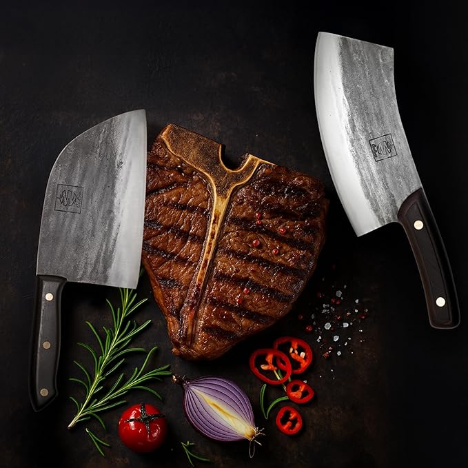 COOLINA Knife Set – Promaja Hand-Forged Butcher Knife & Chef Knife Bundle – Full Tang Carbon Steel Cleaver and Cooking Knife with Wooden Handles – Professional Kitchen & BBQ Knives