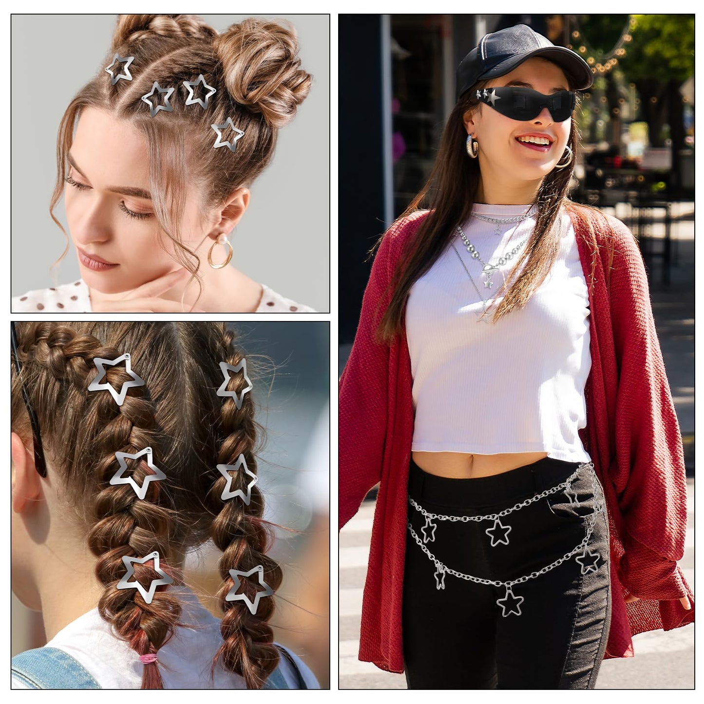 Y2k Accessories Set Included Star Y2k Silver Necklace Grunge Layered Necklace Hip Hop Pants Chain Y2K Sunglasses Star Hair Clip Y2k Silver Hair Clips Vintage Jewelry Set