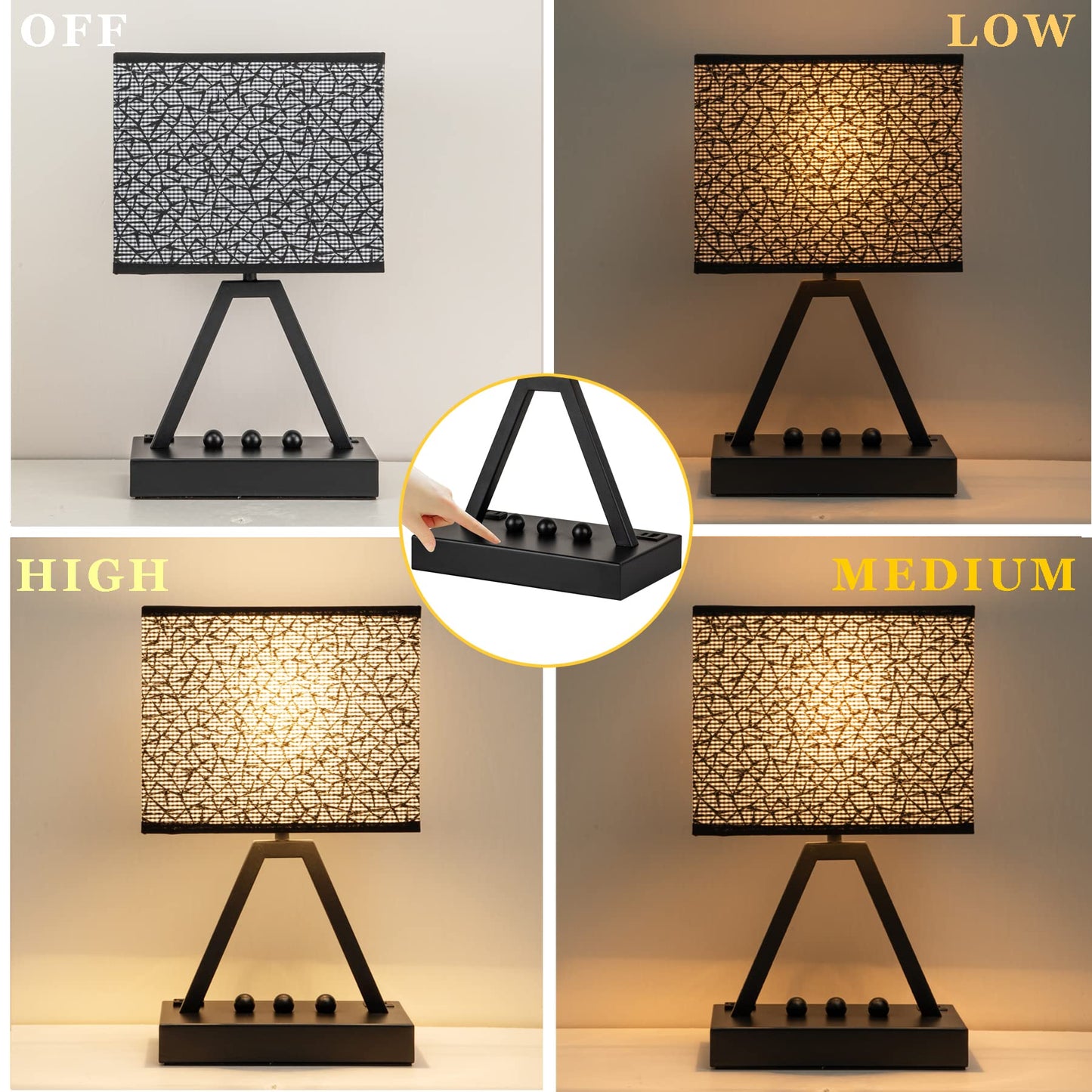 Briever USB C Touch Control Table Lamp, 3-Way Dimmable, Black Shade, Metal, LED Bulb Included