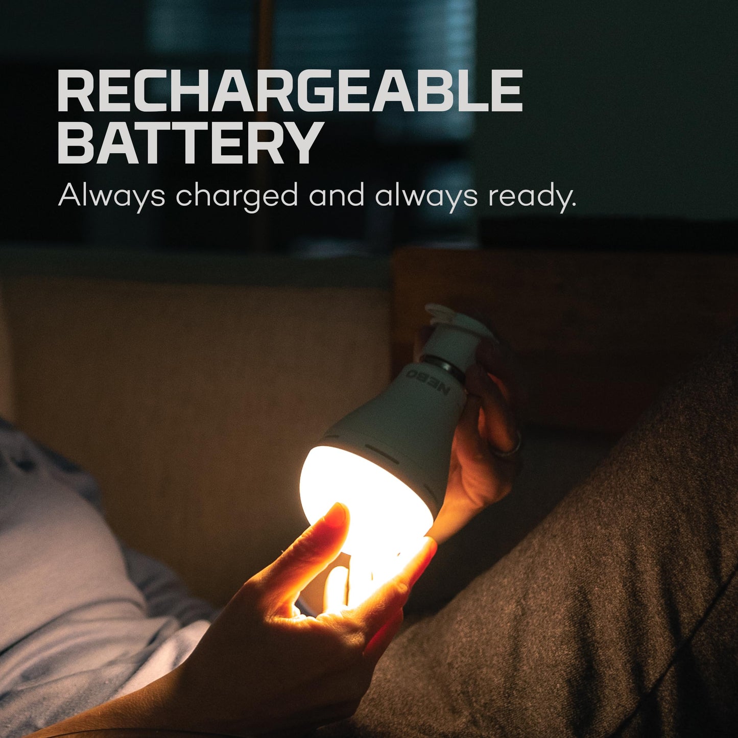 NEBO BLACKOUT BACKUP Emergency Bulb | 850 Lumens, 4 Light Modes, LED Rechargeable Light Bulb, Automatic Charging, Works Without Power, E26 Screw Base, Includes Power Cap & Portable Hanging Hook
