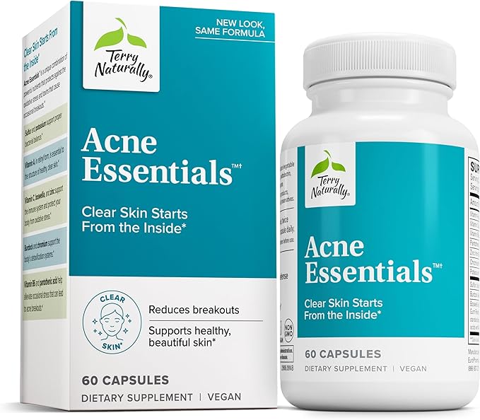 Terry Naturally Acne Essentials - Skin Support Supplement for Clear Skin - Supplement with Vitamins A, C & Zinc - Skincare Supplement for Occasional Acne - 60 Capsules (60 Servings)