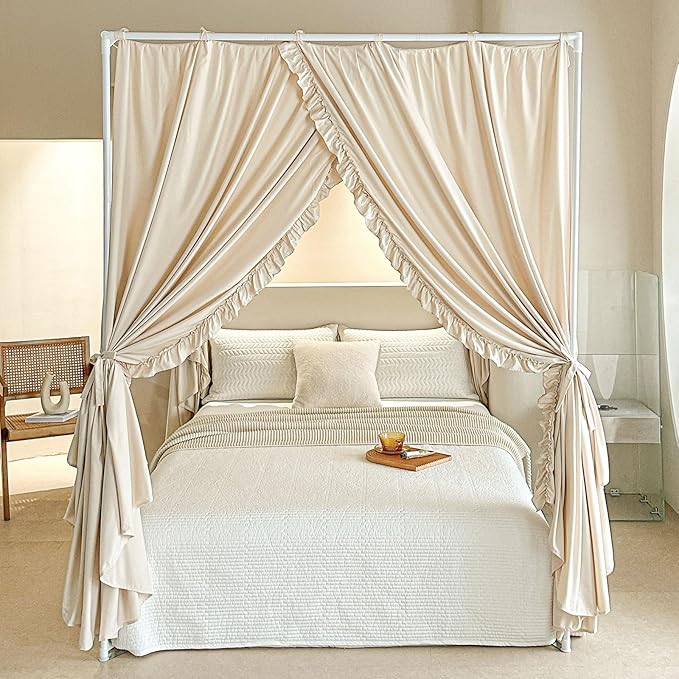 AIKASY Princess Canopy Bed Curtains with Top Ties - Windproof & Lightproof for Girls' Adult Bedroom Decor | Bed Canopy Drapes (Queen,Khaki)