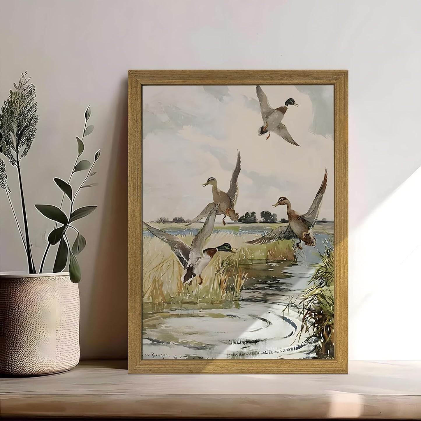 Framed Vintage Duck Wall Art Print, Rustic Mallard Watercolor Canvas Poster Wall Decor, Country Wildlife Bird Illustration for Farmhouse Living Room Kitchen Bedroom Decor 16x24 Inch