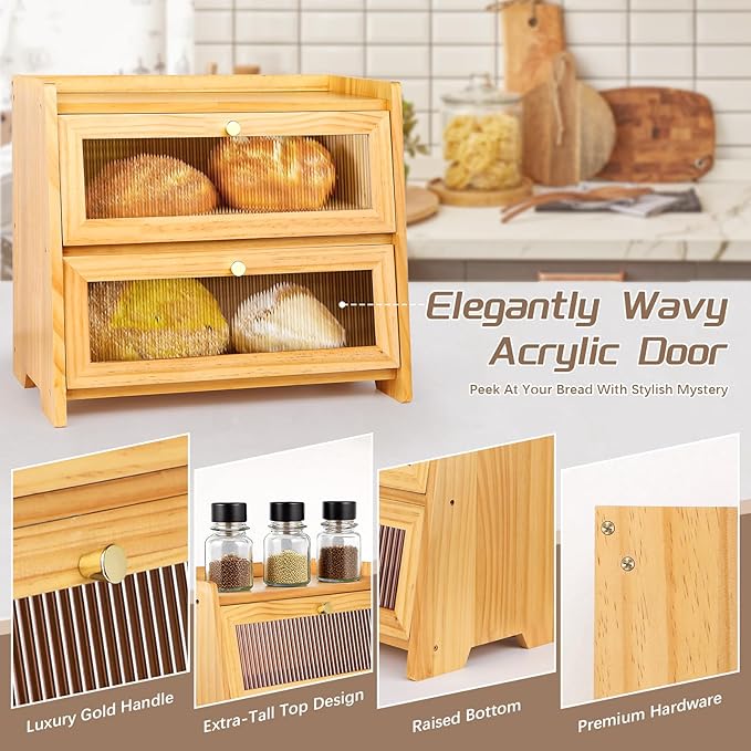 Bread Box For Kitchen Countertop, Corner Breadbox, Bread Boxes for Kitchen Counter Organizer Decor Storage, Wooden Storage Box Breadbox, Housewarming Birthday Wedding Christmas Gift