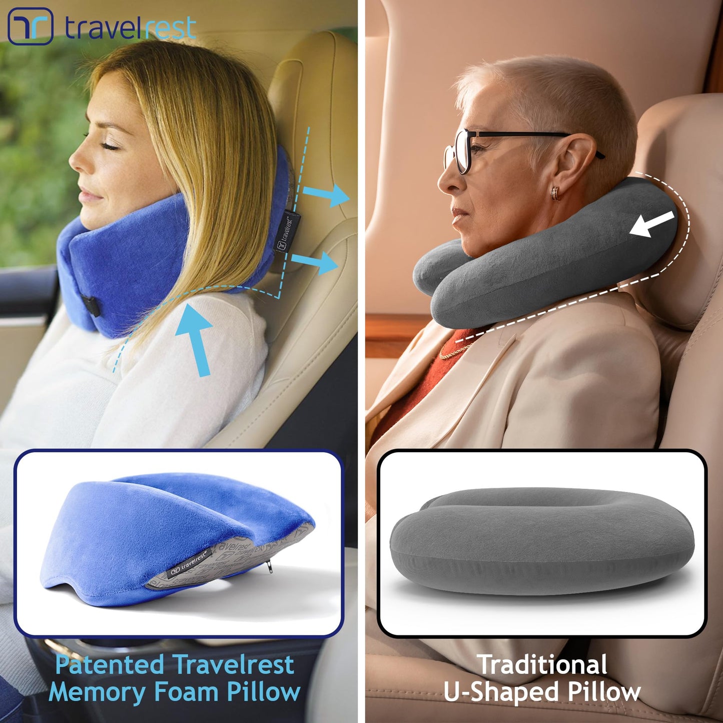 TRAVELREST Nest Memory Foam Travel Pillow/Neck Pillow 2-Pack - Advanced Neck Support for Long Flights - Patented Design for Optimal Relaxation - Long Travel - Machine Washable - Blue & Grey