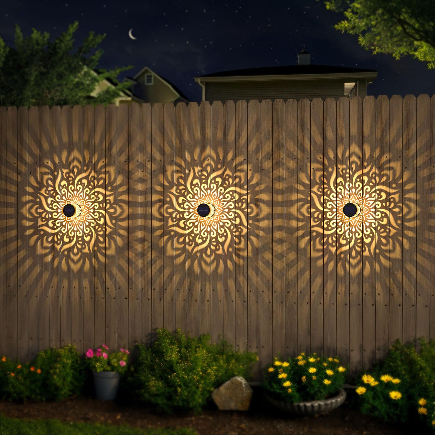 gardencave Solar Fence Lights - 2 Pack Metal Waterproof Mandala Theme for Outdoor Wall Deck Patio Decor