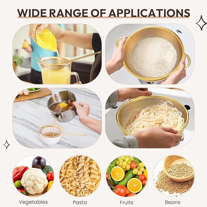Baderke 5 Quart Stainless Steel Gold Colander and 3 Pcs Fine Mesh Strainer with Handles Gold Kitchen Accessories for Kitchen Draining Rinsing Serving Food Pasta Rice Vegetables