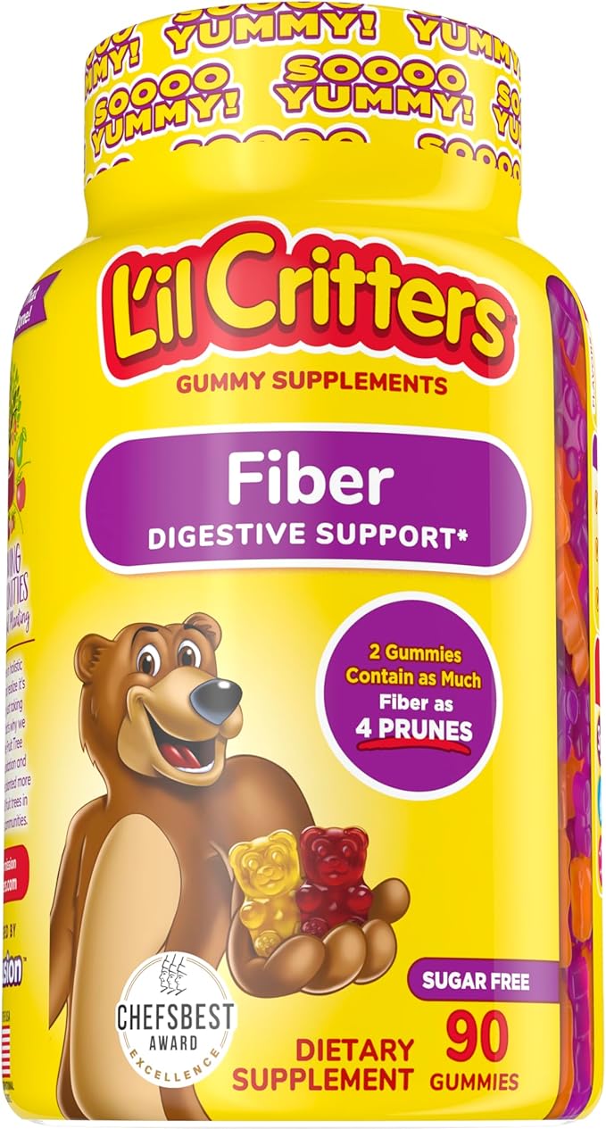 L’il Critters Fiber Daily Gummy Supplement for Kids, for Digestive Support & Vitafusion Fiber Well Sugar Free Fiber Supplement, Peach, Strawberry and BlackBerry Flavored Supplements, 90 Count