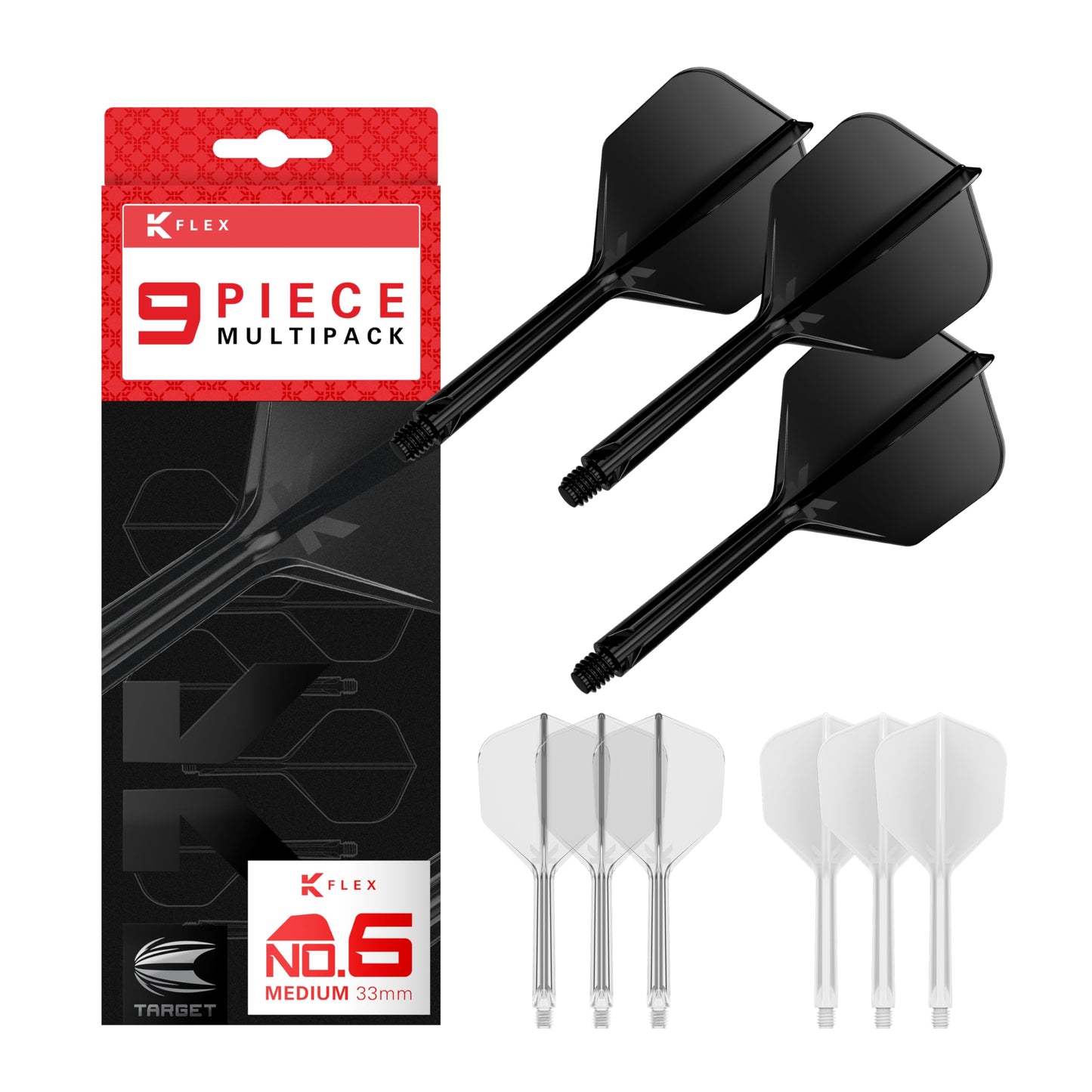 Target Darts K-Flex Integrated Dart Flights And Shafts  Medium Stem (33Mm)  No.6 Flight  9-Pack Bundle  Black  White & Clear | Kflex 2 In 1 Flight And Stem  Professional Darts Accessories