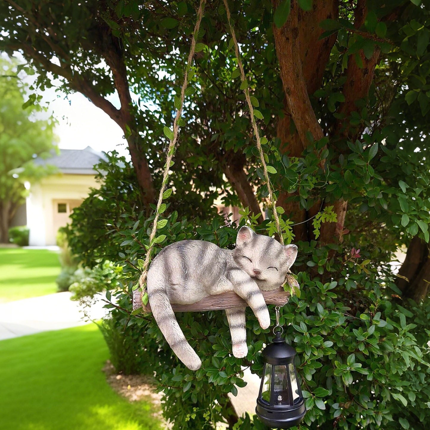 Zaayee Solar Lighted Garden Outdoor Statue  22.6 H Hanging Swing Lying With A Sleeping Cat And A Led Lantern  Resin Animal Figurine Hanging Ornaments With Hook For Decoration & Gift