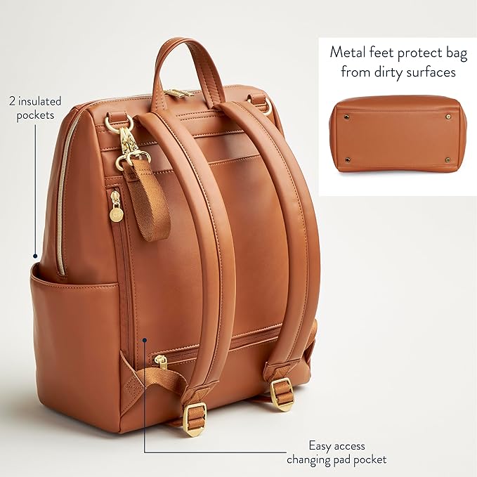 Itzy Ritzy Eras Diaper Bag Backpack – Large Capacity Backpack Diaper Bag Featuring Sleek Design, 15 Pockets, Changing Pad, Stroller Straps, and Luggage Sleeve (Cognac)