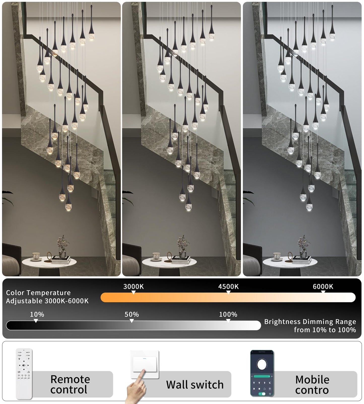 Upfelw Modern Crystal Staircase Chandelier Polished Black 24-Lights  H138 Large High Ceiling Spiral Dimmable Led Raindrop Foyer Entryway Light Fixture Remote Control