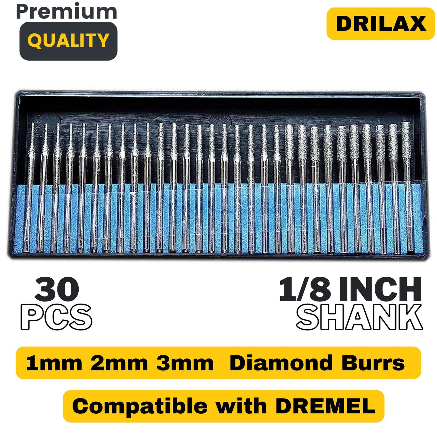 Drilax Diamond Drill Bits for Stone – 30-Piece Set (1mm, 2mm, 3mm) for Glass, Gemstones & Jewelry – 1/8-Inch Shank Compatible with Dremel Rotary Tools – Jewelry Making Supplies & Lapidary Kit