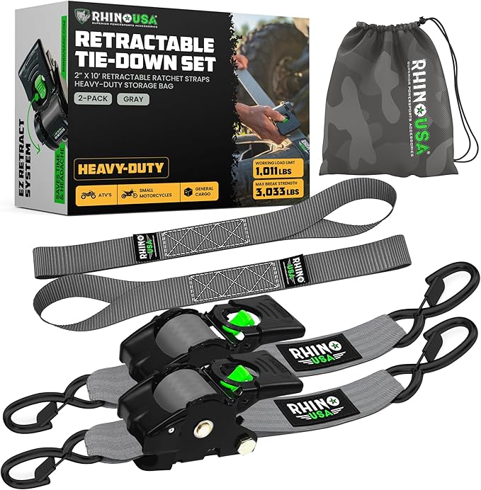 Rhino USA Retractable Ratchet Straps (2-Pack) - 2 Inch x 10 Feet (3,033lb Break Strength) - Heavy Duty Auto Self Retractin...