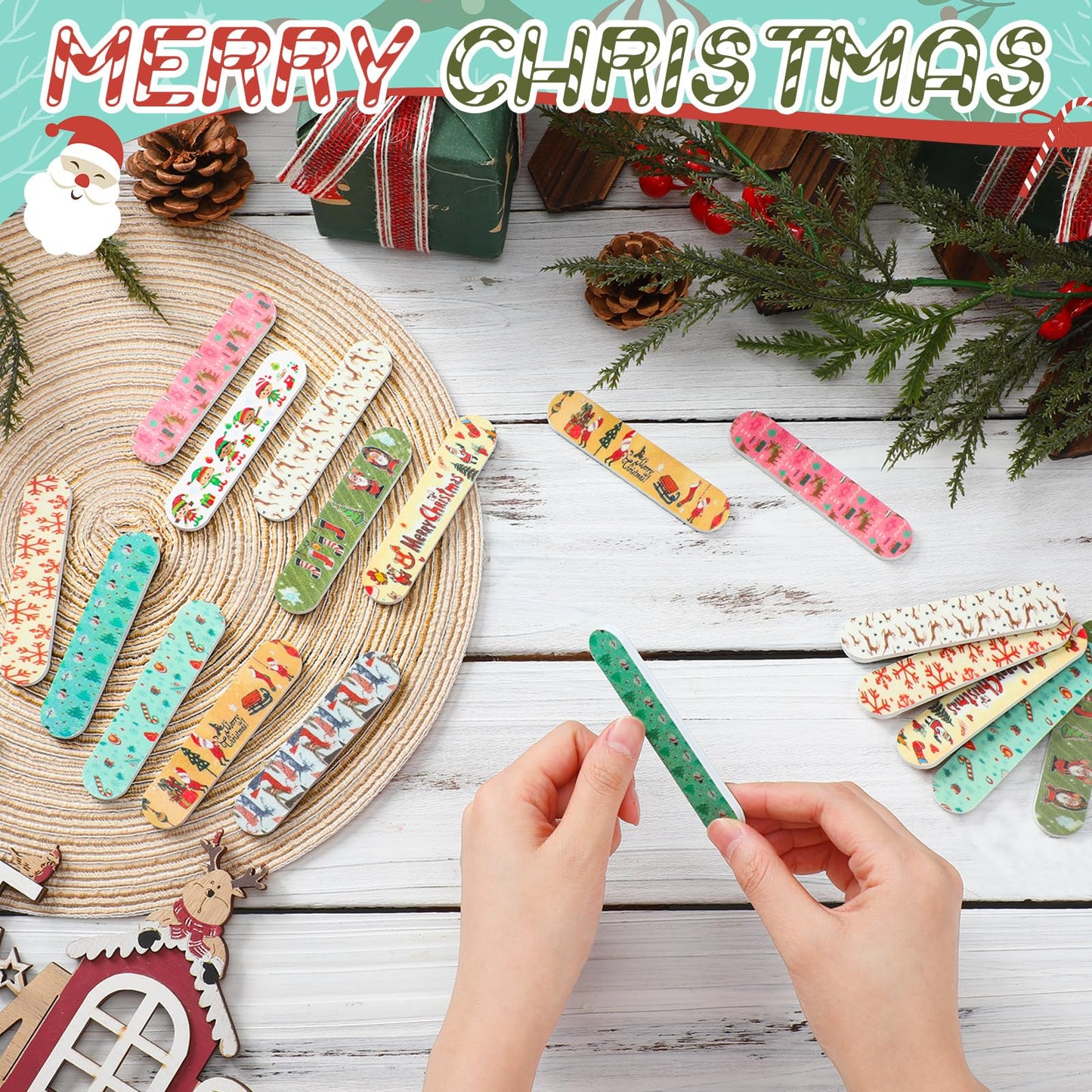 100 Pack Christmas Mini Nail Files Gifts Bulk Holiday Mini Emery Boards Double-Sided Christmas Party Nail Files Favors Bulk Stoc