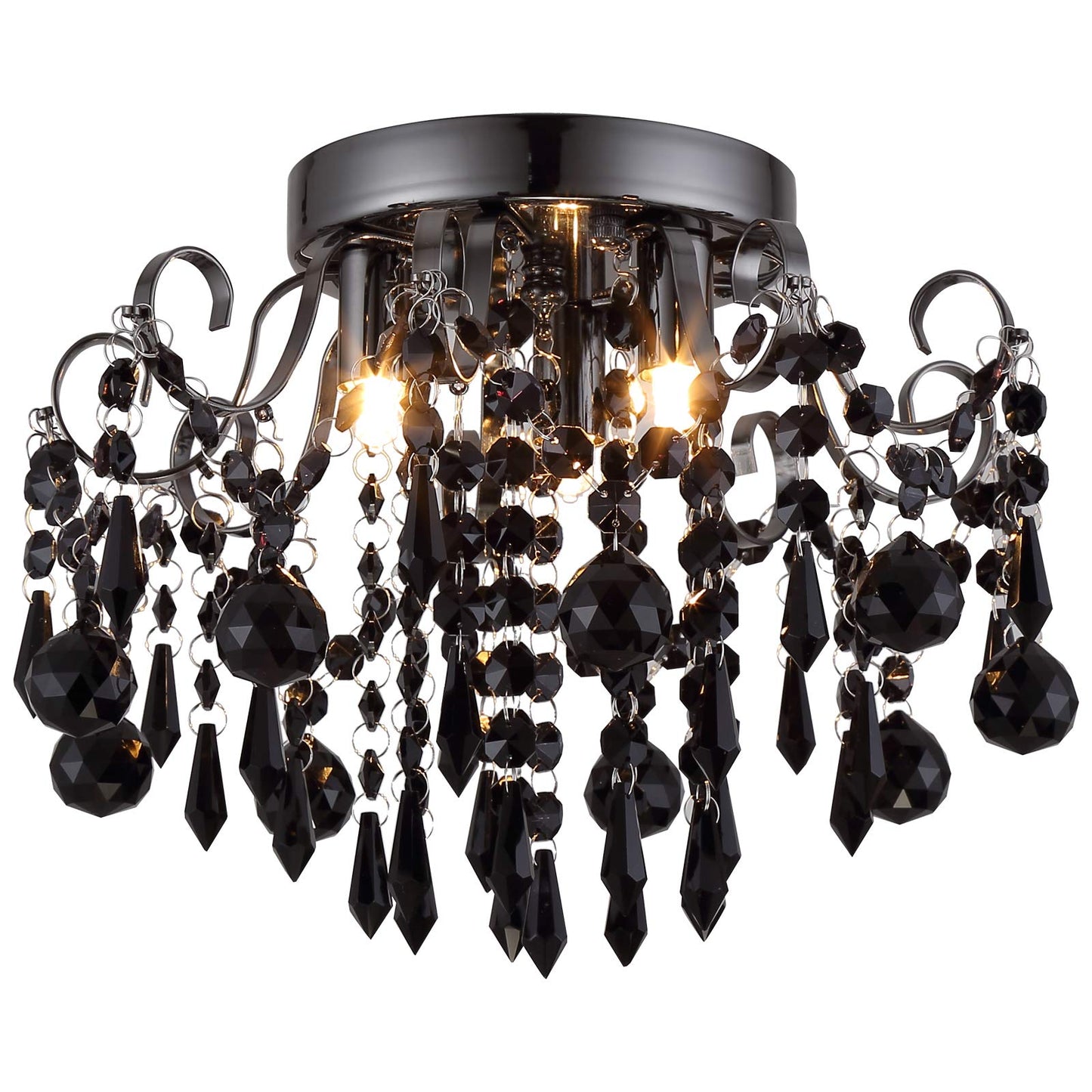 Q&S Crystal Ceiling Light Fixture, 3-Lights Chandelier, Metal, Black, Model P2001-3BK, Flush Mount for Bedroom, Hallway, Stairs