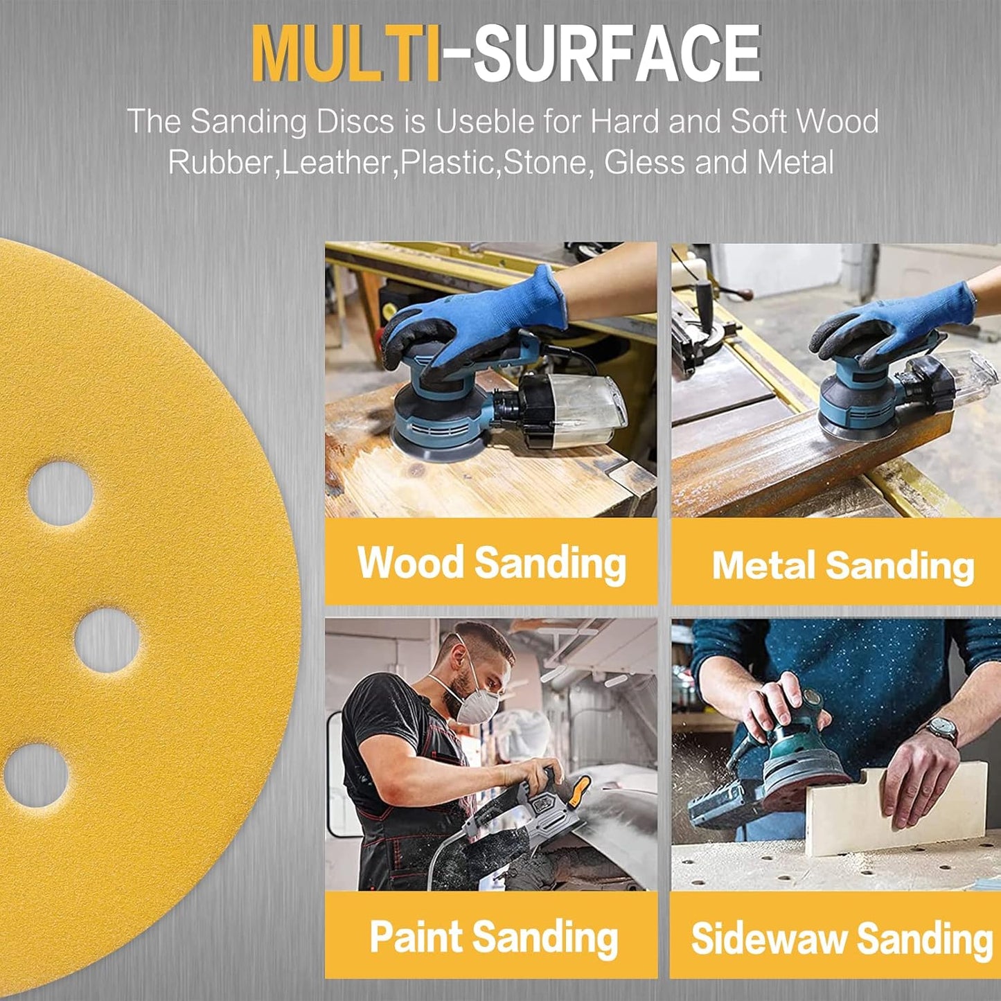 100PCS 5 Inch 8 Hole Sanding Discs 240 Grit,Gold Round Hook and Loop Sandpaper for Random Orbital Sander