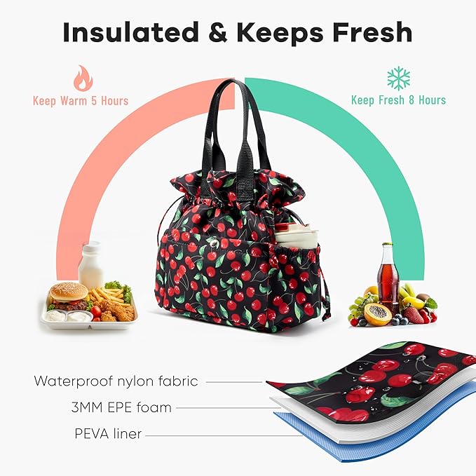 Yarnic Lunch Bag Women Insulated Lunch Bags,Cute Reusable Lunch Box Stain-Resistant Lunchbox with Water Bottle Holder for Adult (Black Cherry)