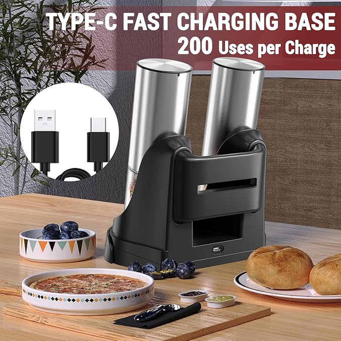 [Upgraded Larger Capacity] Electric Salt and Pepper Grinder Set with USB Charging Base, 95ml Large Capacity, Adjustable Coarseness,Stainless Steel Automatic Pepper Mill (Upgraded Capacity-Gift box)