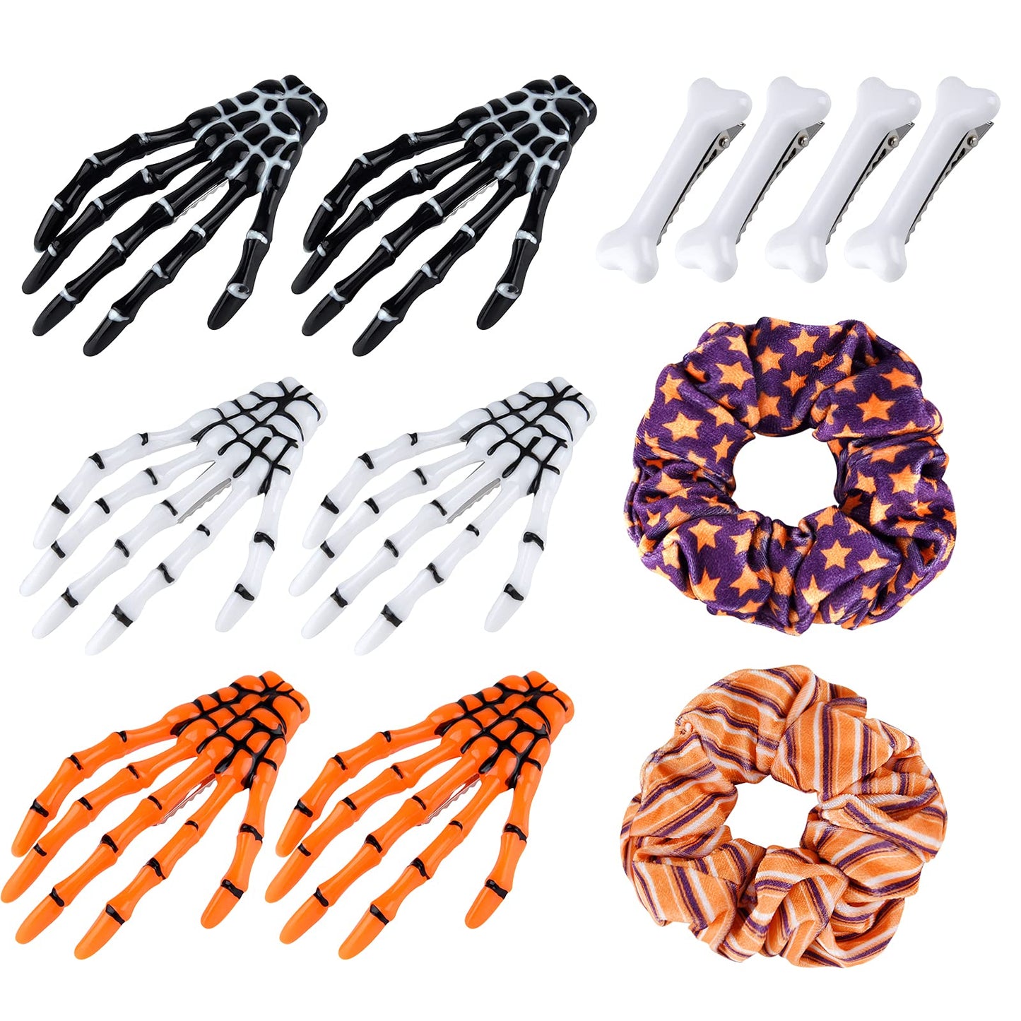 ASTARON 12 Pcs Skeleton Hands Bone Hair Clips and Elastic Hair Ties Bands - Horror Hair Clip for Women Girls ' Halloween Dress U