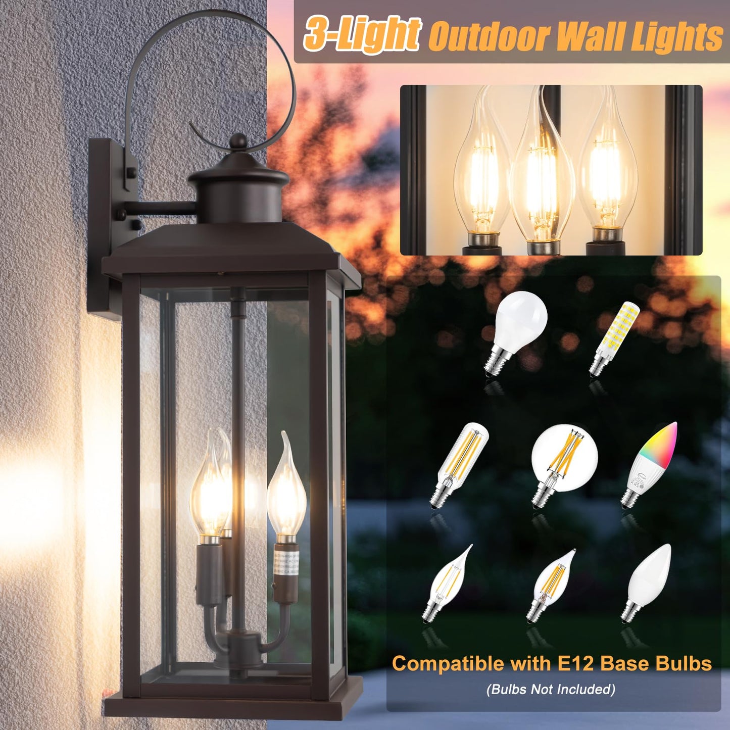 Siafavoi 24 Outdoor Lighting Fixture- Bronze 3-Light Exterior Lighting Fixture Waterproof Modern Porch Sconce  Outside Lantern For House Garage Patio E12 Base