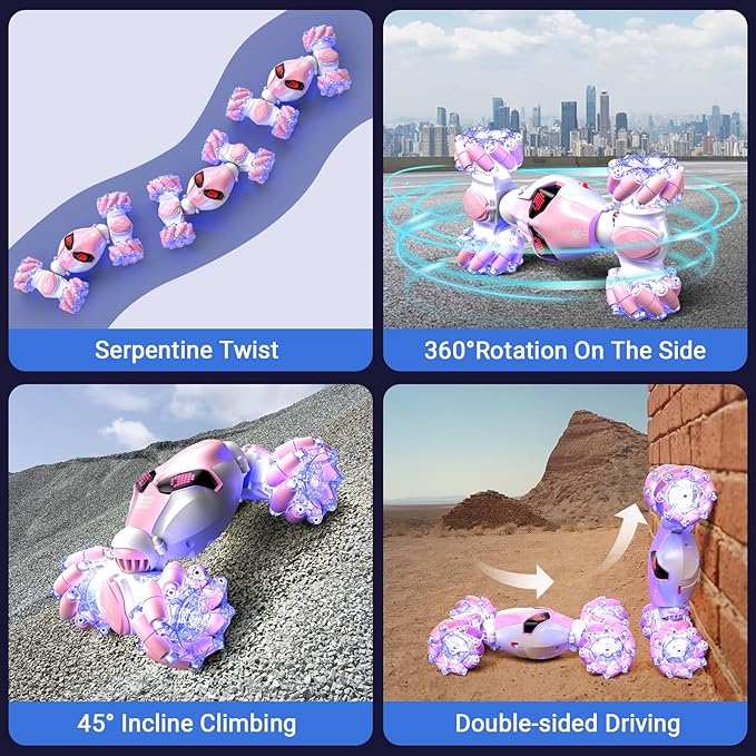 Gesture Sensing Rc Stunt Car with Light & Music, 2.4GH 4WD Hand Controlled Double Sided 360° Flips Off Road Transform Vehicle Truck with LED Eyes, Toy Gift for Kid Age 8+ Girls (Pink)