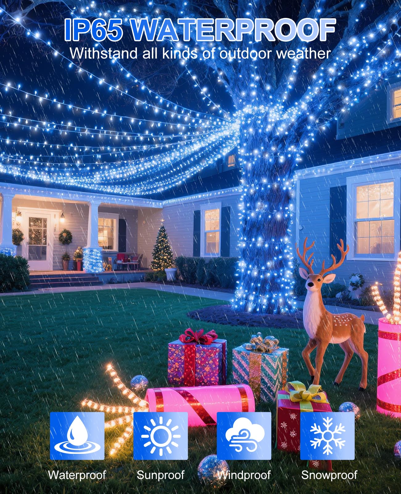 Xmasbokeh Blue White Christmas Lights Outdoor  80Ft 240 Led Christmas Tree Lights Waterproof Plug In  8 Modes Connectable Christmas Decorations Green Wire For Indoor Bedroom House Patio Holiday