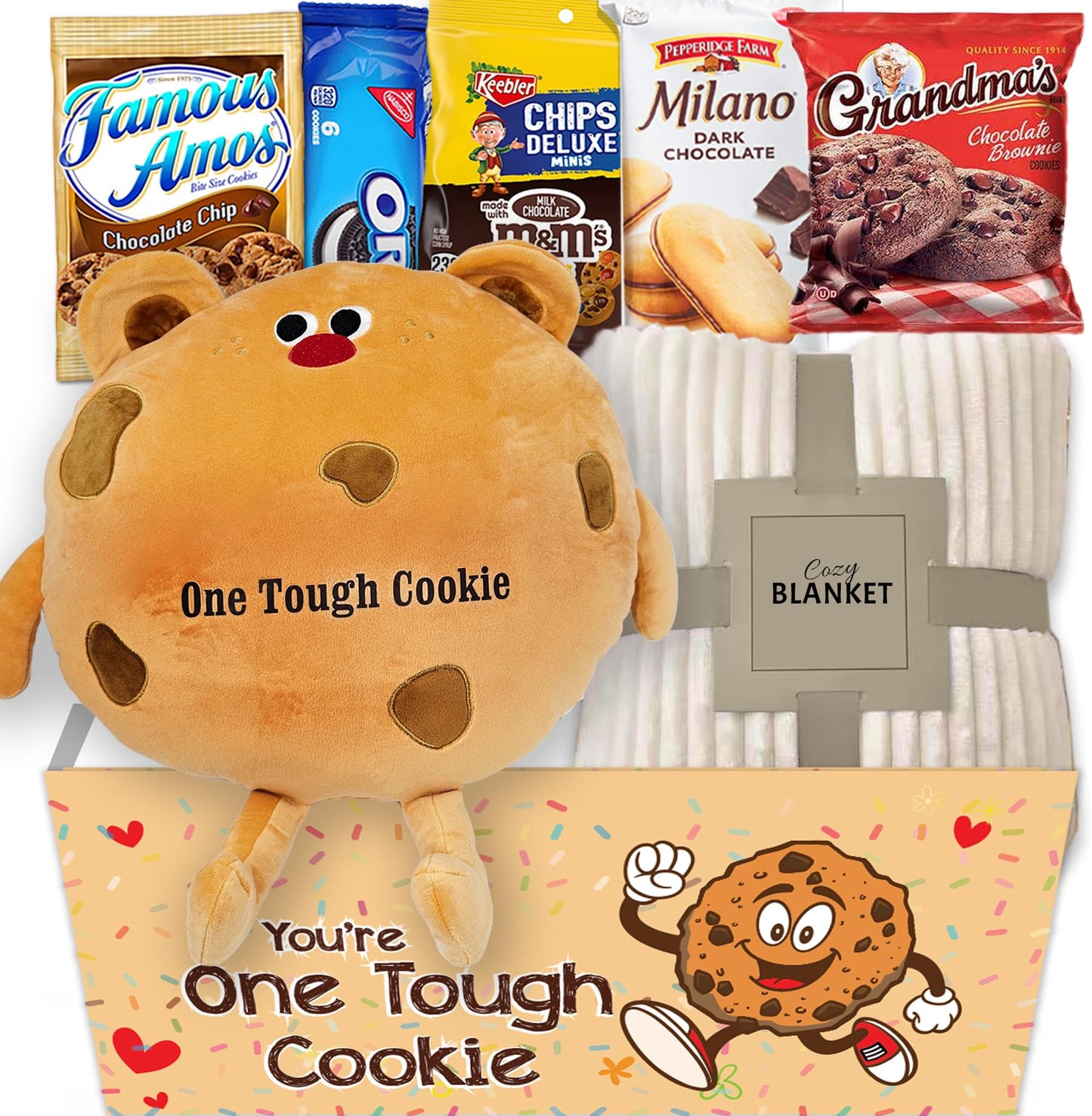 Get well Soon gift for Kids, Hospital recovery One Tough Cookie Gift Basket w/Blanket, Care package Snack Box w/Cookie & Pillow