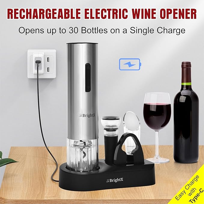 BRIGHTX Premium Electric Wine Bottle Opener Gift Set – Rechargeable Cork Screw with Foil Cutter & Charging Base – Automatic Cork Remover, Wine Accessories Kit | Best Wine Gifts for Wine Lovers, Women