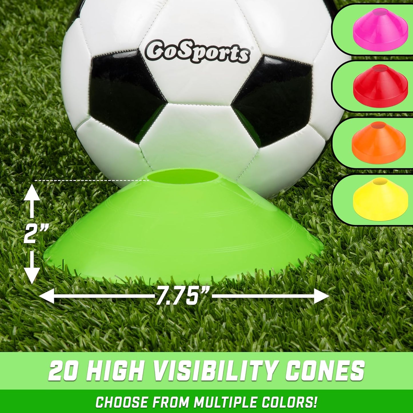GoSports Premium Sports Cones for Agility Training and Drills - 20 Pack with Tote - Orange, Green, Pink, Yellow, or Red