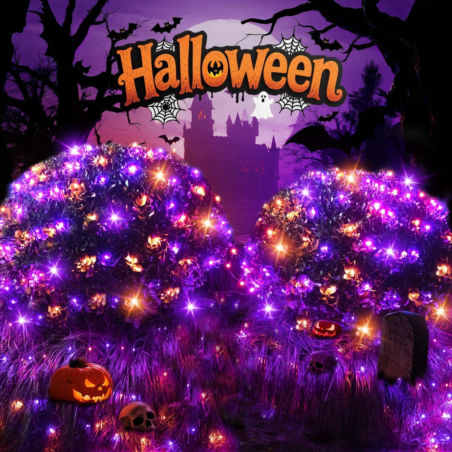 Lithome 14.8Ft X 5Ft Halloween Net Lights  300 Led Purple Orange Bush Lights With 8 Modes  Connectable Waterproof Net Mesh Light Dark Green Wire For Bushes Shrubs Trees Outdoor Holiday Decor