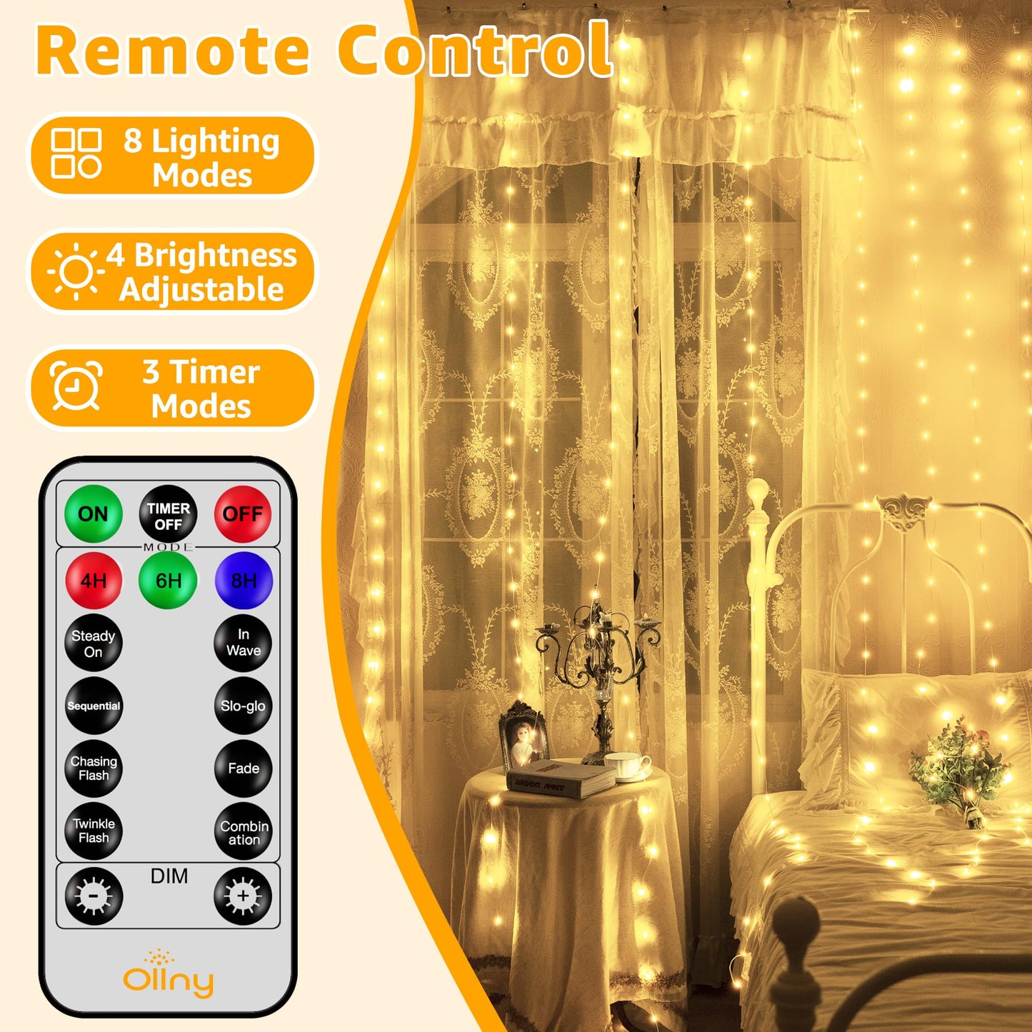Ollny Curtain Lights 600Led 19.7Ft X 9.8Ft  Ip67 Waterproof Outdoor Curtain Rice Lights With Remote  Plug-In Untangle Rice Curtain Light With 8 Modes 3 Timers For Wall Backdrop Decor(Warm White)