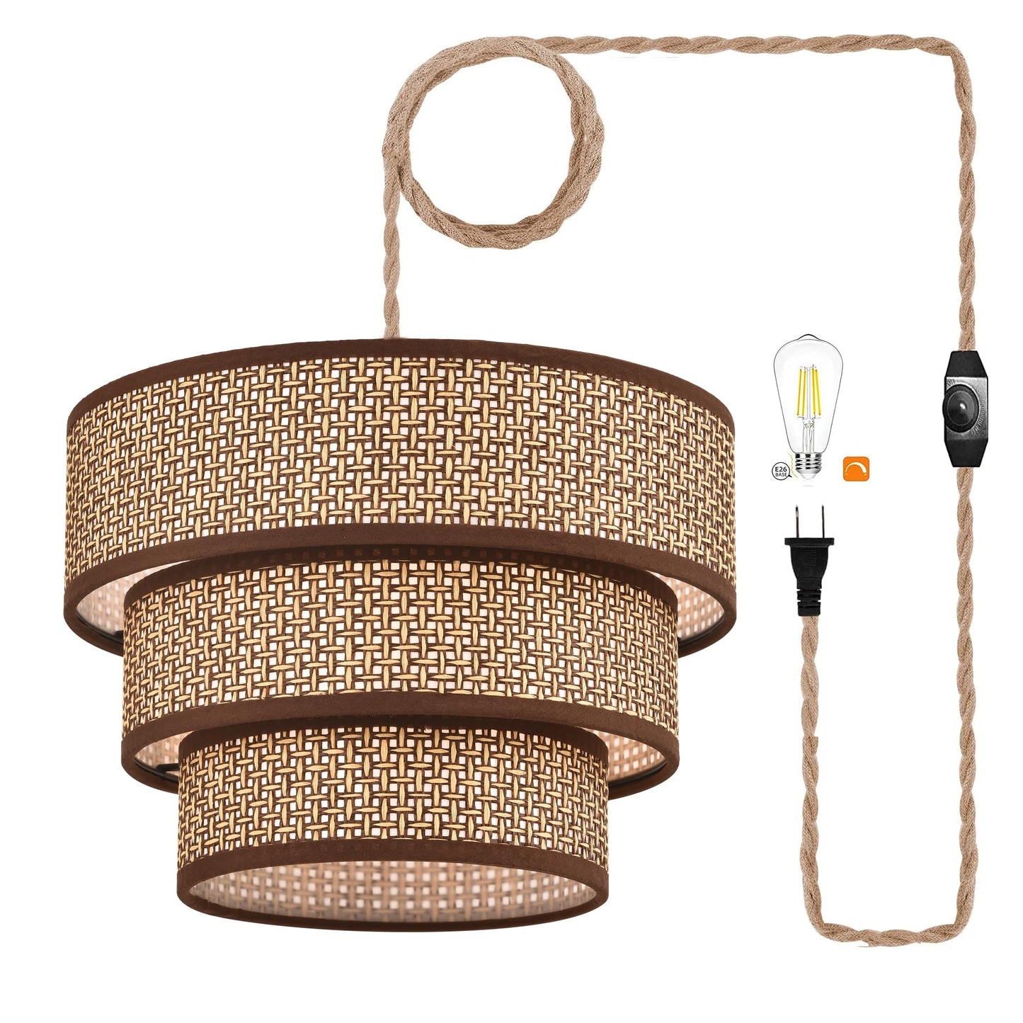 XININSUN Rattan Pendant Light Boho Wicker Chandelier 12inch Coffee 3-tier