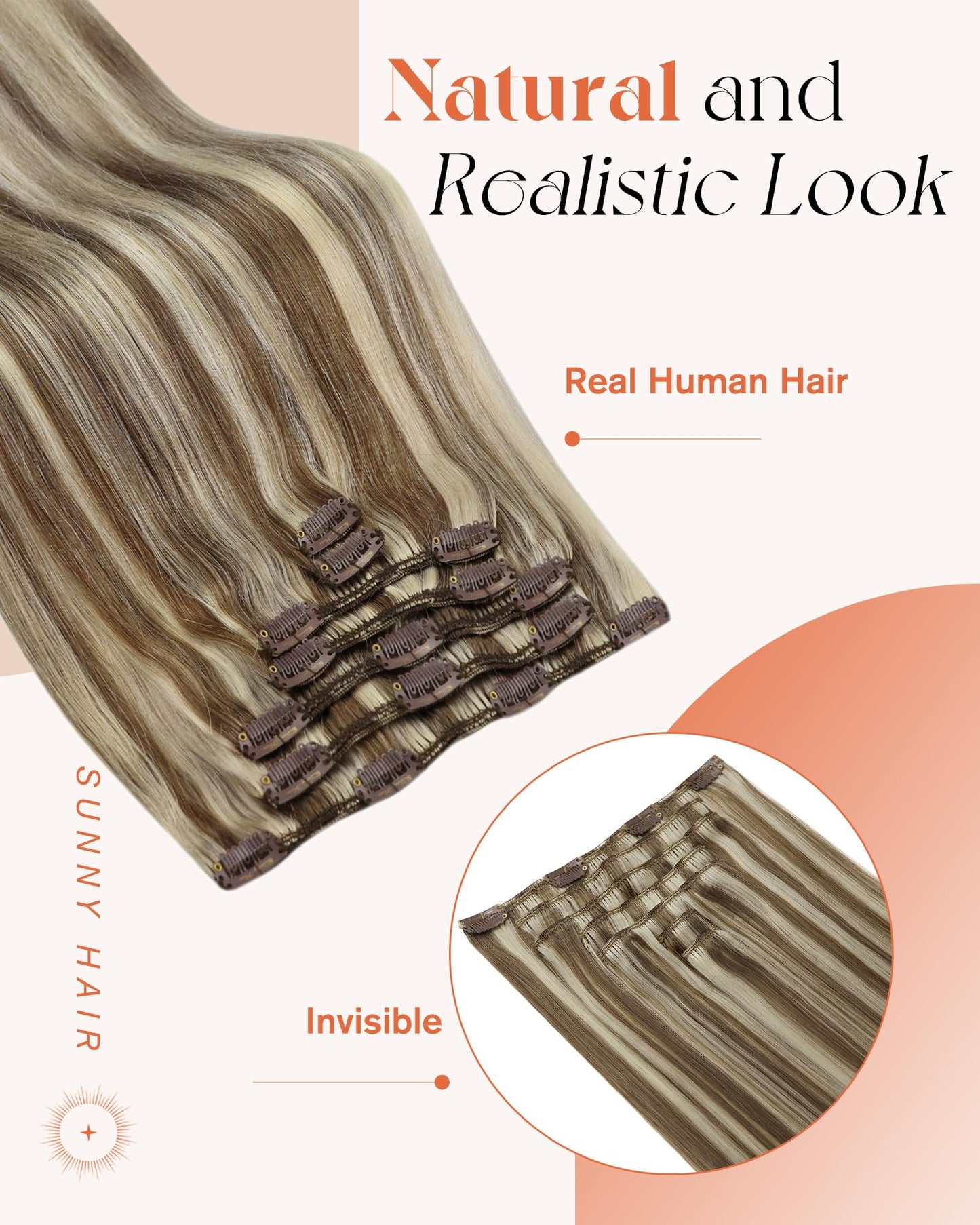 Sunny Hair 22-inch Clip-in Human Hair Extensions, Brown with Blonde Highlights, 7pcs 120g, Straight