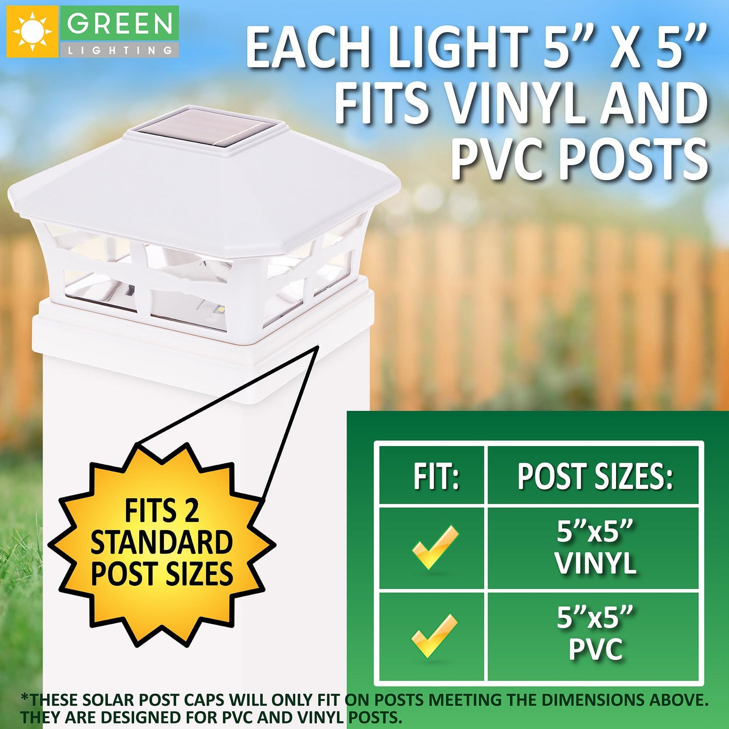 GreenLighting Solar Post Cap Lights - Waterproof White LED, 8 Pack, Fits 5x5 PVC/Vinyl, Model TN-1217796, Outdoor Landscaping Decor