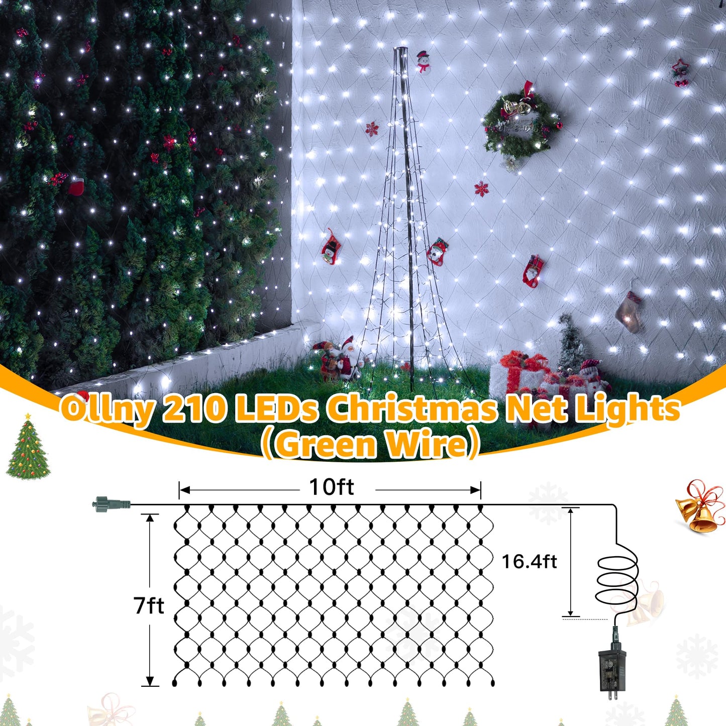 Ollny Net Lights Outdoor Mesh Light  210Led 10X7Ft Green Wire Christmas Net Lights  Ip67 Waterproof  8 Modes Plug In Bush Light For Tree Shrubs Outside Patio Decorations  Cool White