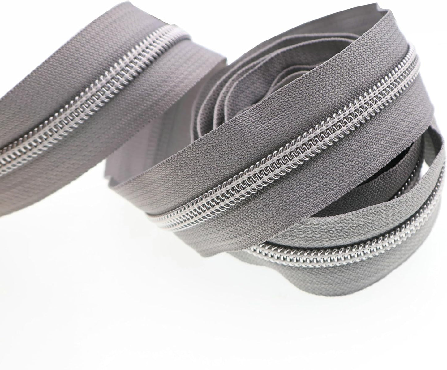 Leekayer #5 Silver Metallic Nylon Coil Zippers by The Yard Bulk 10 Yards Gray Zipper Tape with 25pcs Silver Ring Pull Zipper Sliders for DIY Sewing Tailor Craft Bag(Gray)