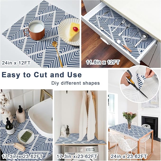 Shelf Liners for Kitchen Cabinets Non-adhesive, 12in x 12FT Drawer Liner Non Slip Shelf Paper, Waterproof Easy to Clean Surface, Thicken Strong Grip for Pantry Cupboard Dresser Mat, Blue Stripe
