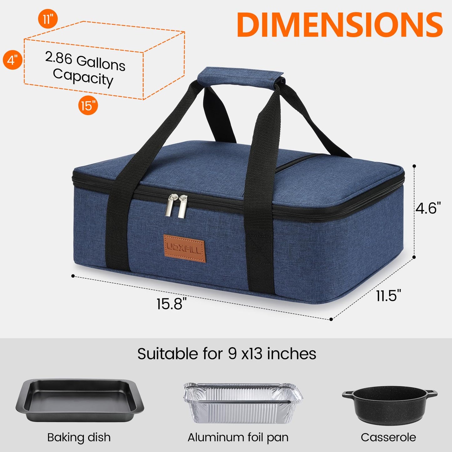Food Warmer Electric Casserole Carrier - Large Heated Lunch Bag for Car Truck, 12V/24V/110V, Thermos for hot food for Potluck Cookouts Parties Picnic,Lasagna Lugger,Fits 9"x13" Baking Pan (Navy)