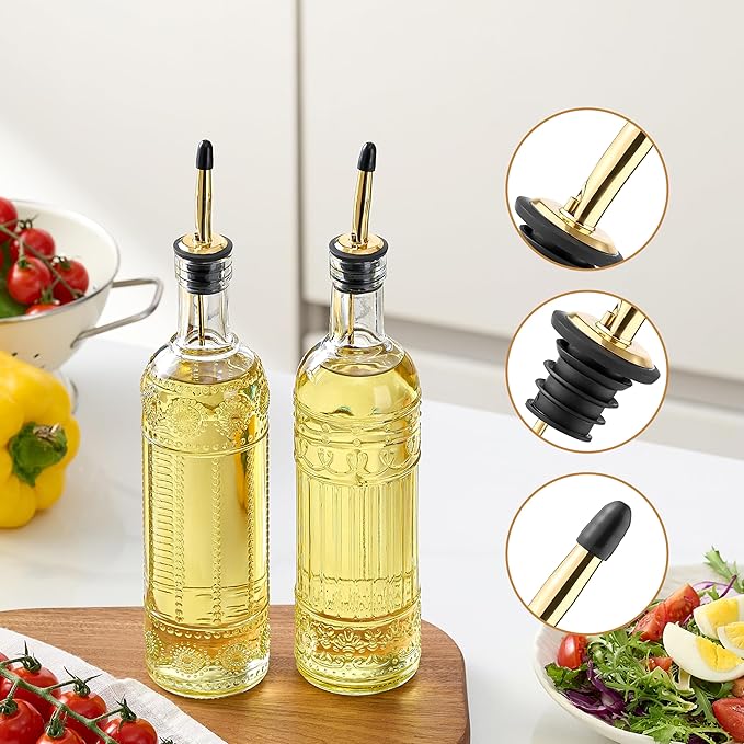 4 Pcs Olive Oil Dispenser Bottle for Kitchen,17oz Clear Glass Oil and Vinegar Dispenser Bottle Set, Classic Coffee Syrup Dispenser with 4 Stainless Steel Spouts and 1 Funnel (Style C, Gold)